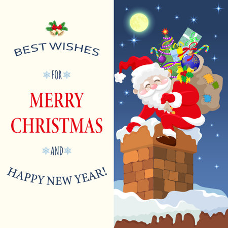 Greeting card with cheerful Santa Claus on the chimney with a bag of Christmas gifts for Christmas and New Yearのイラスト素材