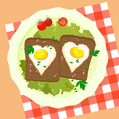 Delicious lunch with fried eggs on rye toast and fresh lettuce seasoned with parsley, spices and cherry tomatoesのイラスト素材