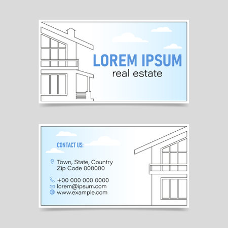 Two sides business card vector template with house outline for real estate agency or construction company on light gradient backgroundのイラスト素材