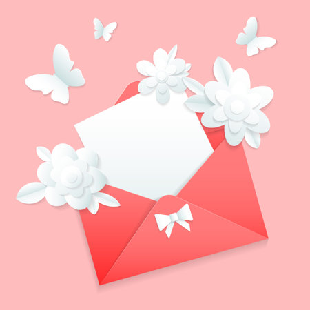 Greeting card template with red envelope, white flowers and butterflies in paper cut style on pink backgroundのイラスト素材