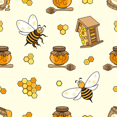 Seamless pattern with cartoon bees, honeycombs, honey and beehive in yellow-brown colors on a light backgroundのイラスト素材
