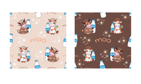 Seamless pattern with funny cartoon cows and milk bottles on light and dark backgroundsのイラスト素材