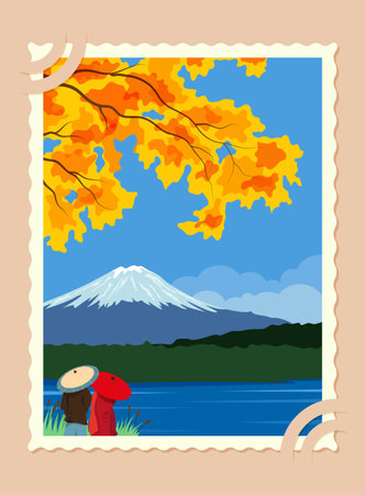 Poster with autumn landscape and mountain view, with the silhouettes of a couple and a yellowing maple tree in the foreground in a simple styleのイラスト素材