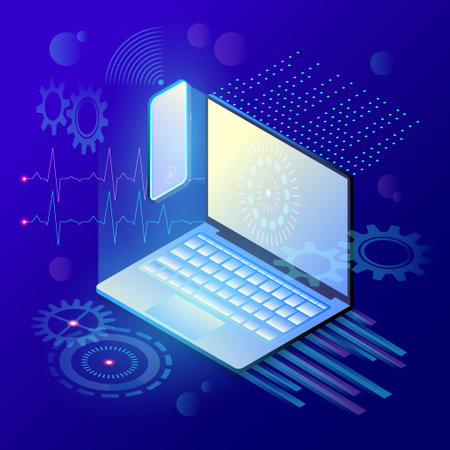 Abstract gradient background in blue colors with laptop and phone in isometric with hi-tech design elementsのイラスト素材