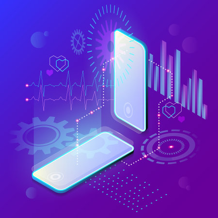 Abstract isometric background in blue-violet colors with two phones and hi-tech design elementsのイラスト素材