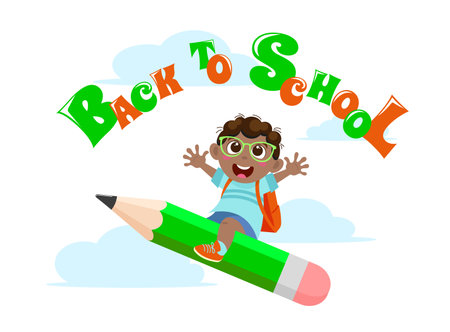 Cheerful boy riding a pencil back to school on a white background with blue clouds and the inscriptionのイラスト素材
