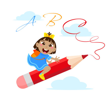 <p>Ð¡heerful schoolgirl flies astride a pencil on a white background with blue clouds and writes the alphabet</p>のイラスト素材