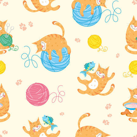 Seamless pattern with red funny fat cats in different poses and balls of yarn on a light backgroundのイラスト素材