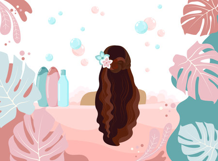 Brunette girl back with flowers in long hair in a bath with foam on a white background with tropical leavesのイラスト素材