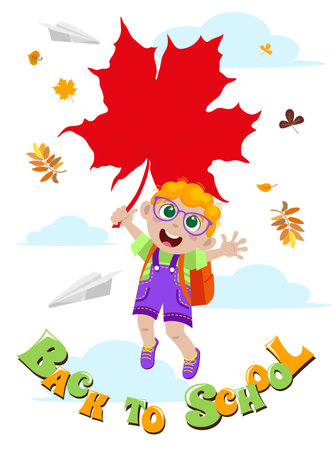 Back to school greeting card with happy schoolboy flying in clouds on red maple leafのイラスト素材