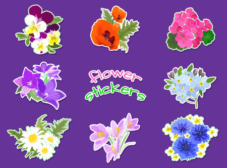 Set of flower stickers isolated on purple background with wild and indoor flowersのイラスト素材