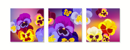 Three-piece modular painting template with multi-colored pansies on a gradient yellow-lilac background for the interiorのイラスト素材