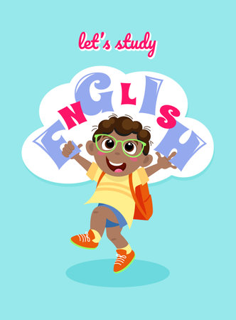 Cheerful schoolboy with letters in his hands for a poster or cover of an English textbookのイラスト素材
