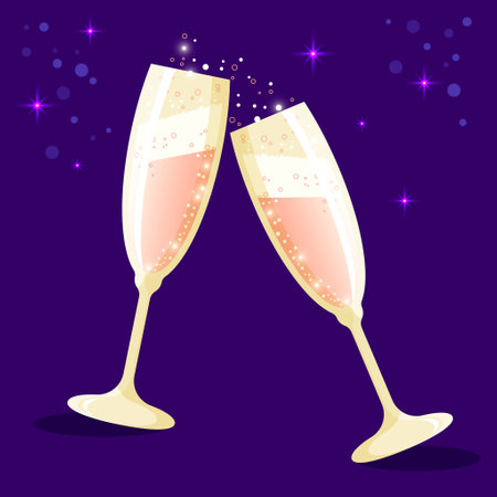 Two clinking glasses with foamy champagne and sparkling bubbles isolated on dark blue background with starsのイラスト素材