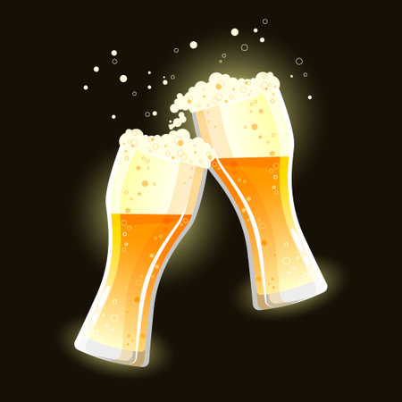 Two clinking transparent glasses with golden beer and thick foam on a dark backgroundのイラスト素材