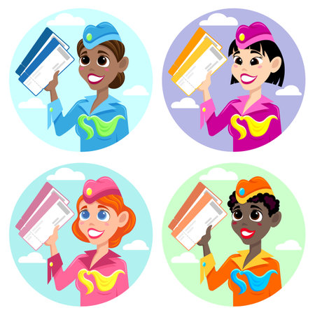 Smiling flight attendants of different nationalities with tickets in their hands. Set of four imagesのイラスト素材