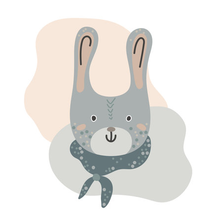 Hand drawn portrait of cute forest hare in scandinavian style in pastel colors isolated on white background. Design element for baby clothes, cards, textiles, fabrics, wallpapersのイラスト素材