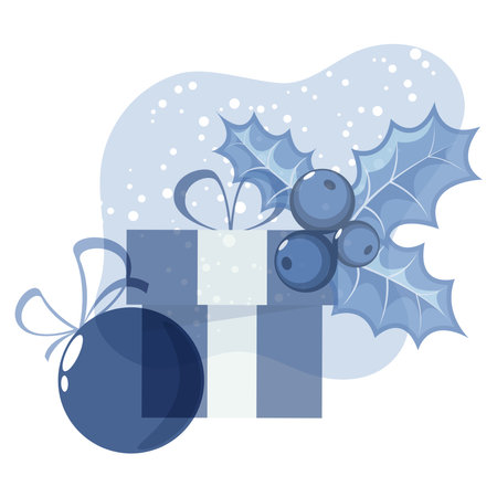 Gift box, Christmas holly and Christmas ball in blue tones on an abstract background. Design element for clothes, cards, textiles, fabrics, wallpapersのイラスト素材