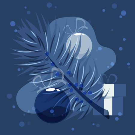 Christmas balls with a fir branch and a gift box on a dark blue background. Design element for clothes, cards, textiles, fabrics, wallpapersのイラスト素材