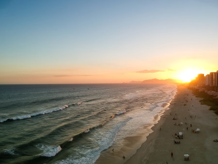 Aerial view of Barra da Tijuca beach during sunset, golden light. Rio de Janeiro, Brazilの写真素材