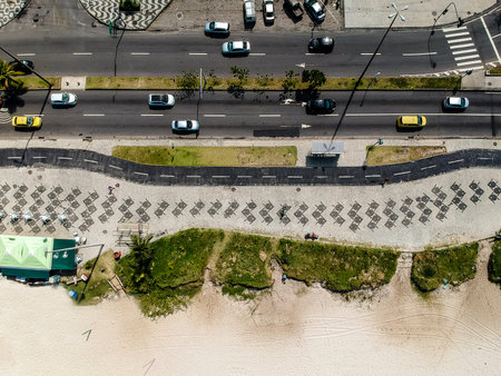 Drone photo of Barra da Tijuca boardwalk and Lucio Costa street, Rio de Janeiro, Brazil.