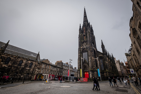 EDINBURGH, SCOTLAND - April 2017: The hub, seen from the Royal Mile in the Old Town in Edinburgh Scotland. The Royal Mile is the most popular attraction in Edinburgh and hosts many tourists.のeditorial素材