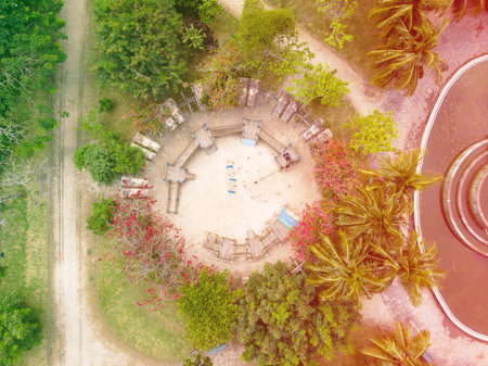 aerial view of park in Barra da tijuca, Rio de janeiro. Drone pov indicates geometric shapes and patterns.の写真素材