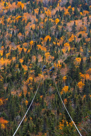 two people sliding down very long and fast zipline during autumn in Stowe, Vermontの写真素材