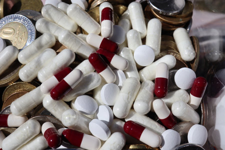 Pills and capsules on a pile of coins as a background.の写真素材