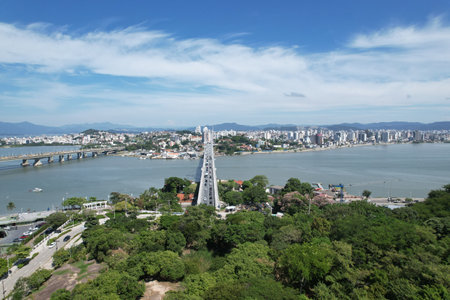 Aerial view of Ponte Hercilio Luz in Florianopolis, Santa Catarina, Brazil. During the morningの写真素材