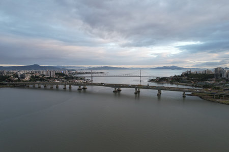 Aerial view of Ponte Hercilio Luz in Florianopolis, Santa Catarina, Brazil. During the morningの写真素材