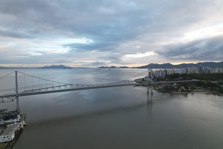 Aerial view of Ponte Hercilio Luz in Florianopolis, Santa Catarina, Brazil. During the morningの写真素材