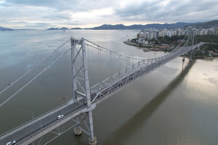 Aerial view of Ponte Hercilio Luz in Florianopolis, Santa Catarina, Brazil. During the morningの写真素材