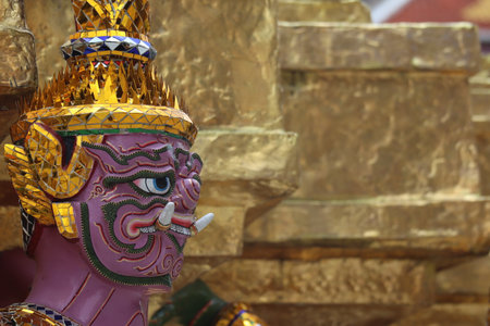 Ancient Thai Temple Guardian Statues and Mythical Figuresの写真素材