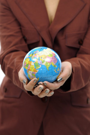 young pretty woman with Earth, earth protection photoの写真素材