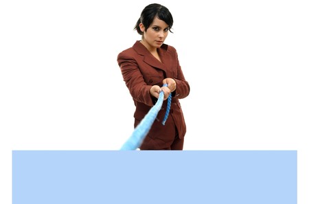 Young woman holding blank boardの写真素材