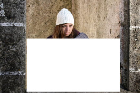  beautiful woman with publicity boardの写真素材