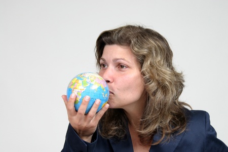 young pretty woman with Earth, earth protectionの写真素材