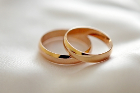 Two wedding rings with white flower in the background, wedding photoの写真素材
