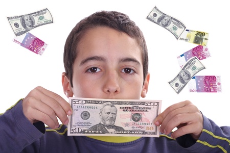 boy with dolares and euros, business studio photoの写真素材