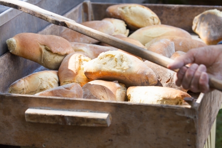 freshly baked bread in woodの写真素材