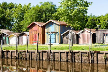 typique colored wooden houses in biganos port in the Bay of Arcachonのeditorial素材