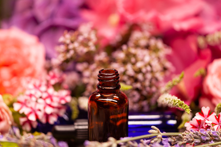 flowers and bottles of essential oils for aromatherapyの写真素材