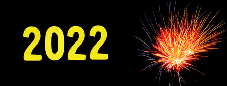New Years card for 2022 with gold digits on a firework background.