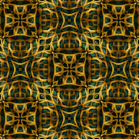 Digital computer generated illustration of a dark green fabric textile with golden embroidered repetitive Celtic style vintage patternの写真素材