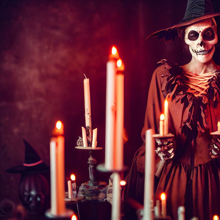 A halloween witch with a skeleton skull featured face standing in dark garments surrounded by pumpkins and candles. A.I. generated art.の写真素材