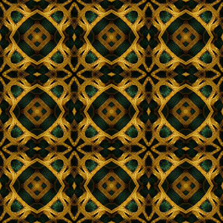 Digital computer generated illustration of a dark green fabric textile with golden embroidered repetitive Celtic style vintage patternの写真素材
