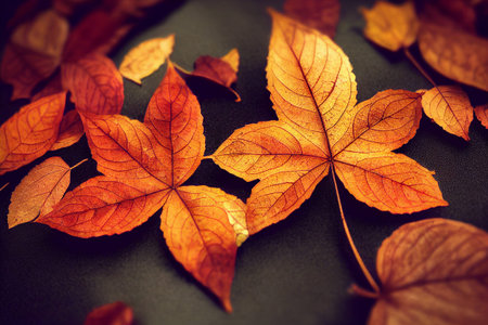 A close up view of orange dying autumn leaves. A.I. generated art.の写真素材