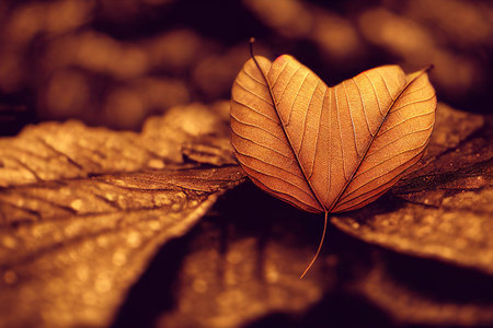 A close up computer illustration of heart shaped dead brown and orange autumn leaves against a dark...