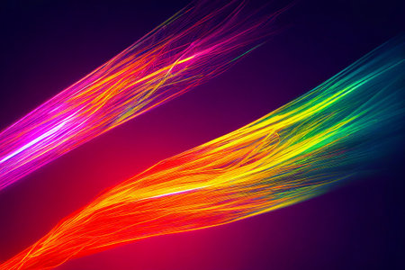 A computer generated digital illustration of an abstract futuristic bright colourful neon light trails energy style swoosh background.の写真素材